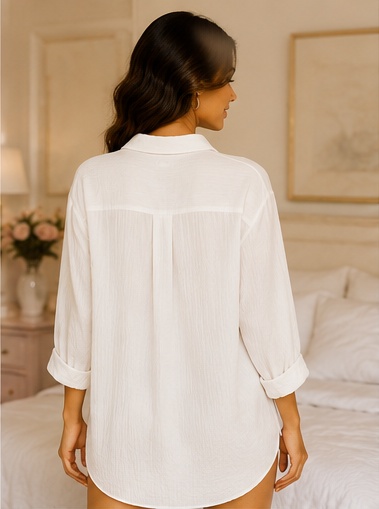 Women’s White Full Sleeve Button Front Sleep Shirt Nightwear